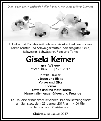 Traueranzeige von Gisela Keiner von Südthüringer Presse