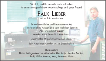 Traueranzeige von Falk Lieber von Südthüringer Presse