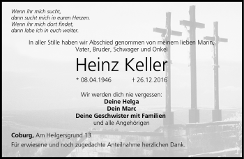 Traueranzeige von Heinz Keller von Neue Presse Coburg