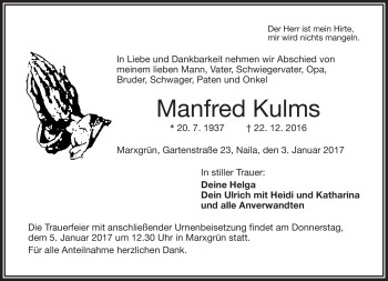 Traueranzeige von Manfred Kulms von Frankenpost