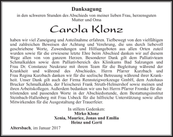 Traueranzeige von Carola Klonz von Südthüringer Presse