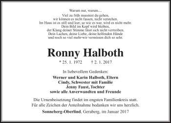 Traueranzeige von Ronny Halboth von Südthüringer Presse