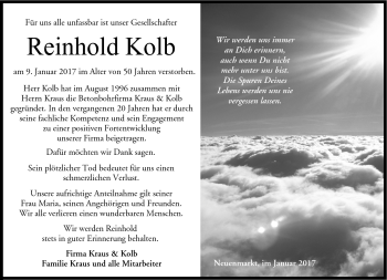 Traueranzeige von Reinhold Kolb von Frankenpost