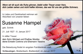 Traueranzeige von Susanne Hampel von Südthüringer Presse
