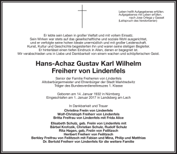 Traueranzeige von Hans-Achaz von Lindenfels von Frankenpost