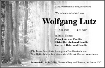 Traueranzeige von Wolfgang Lutz von Südthüringer Presse