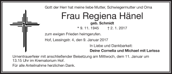 Traueranzeige von Regina Hänel von Frankenpost