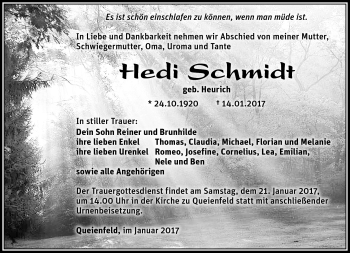 Traueranzeige von Hedi Schmidt von Südthüringer Presse