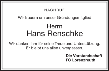 Traueranzeige von Hans Renschke von Frankenpost