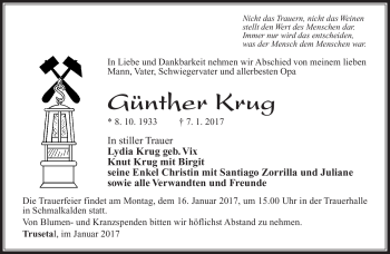 Traueranzeige von Günther Krug von Südthüringer Presse