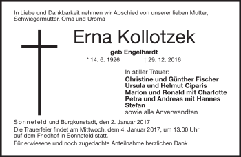 Traueranzeige von Erna Kollotzek von Neue Presse Coburg