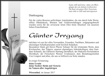 Traueranzeige von Günter Irrgang von Südthüringer Presse