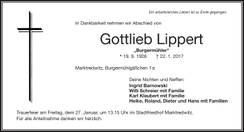 Traueranzeige von Gottlieb Lippert von Frankenpost