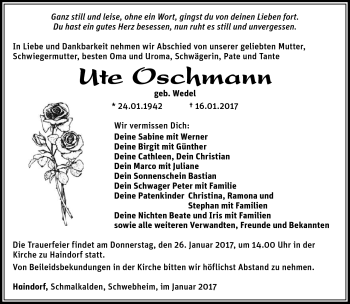 Traueranzeige von Ute Oschmann von Südthüringer Presse
