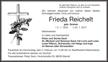 Traueranzeige von Frieda Reichelt von Frankenpost