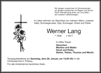 Traueranzeige von Werner Lang von Frankenpost