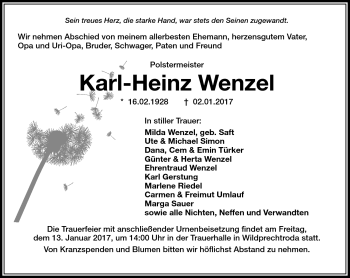 Traueranzeige von Karl-Heinz Wenzel von Südthüringer Presse