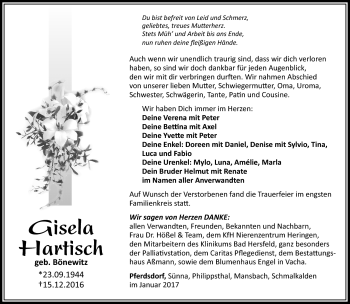 Traueranzeige von Gisela Hartisch von Südthüringer Presse