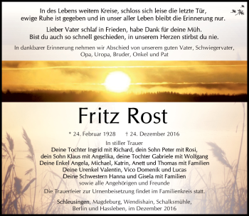 Traueranzeige von Fritz Rost von Südthüringer Presse