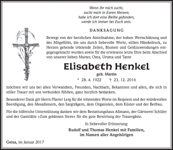 Traueranzeige von Elisabeth Henkel von Südthüringer Presse