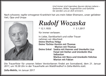 Traueranzeige von Rudolf Wozaska von Südthüringer Presse