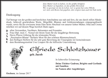 Traueranzeige von Elfriede Schlotzhauer von Südthüringer Presse