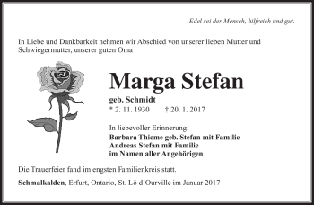 Traueranzeige von Marga Stefan von Südthüringer Presse