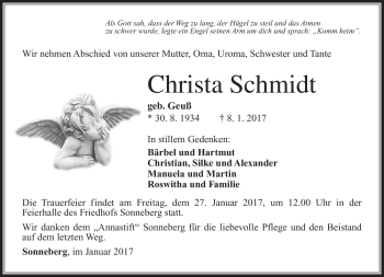 Traueranzeige von Christa Schmidt von Südthüringer Presse