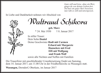Traueranzeige von Waltraudt Schikora von Südthüringer Presse