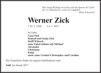 Traueranzeige von Werner Zick von Südthüringer Presse