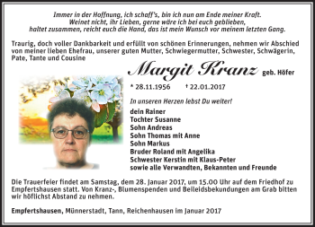 Traueranzeige von Margit Kranz von Südthüringer Presse