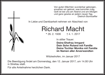 Traueranzeige von Richard Macht von Frankenpost