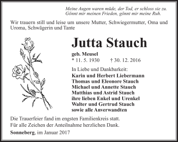Traueranzeige von Jutta Stauch von Südthüringer Presse