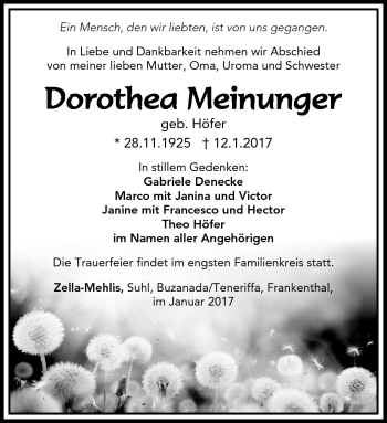 Traueranzeige von Dorothea Meinunger von Südthüringer Presse