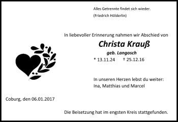 Traueranzeige von Christa Krauß von Neue Presse Coburg