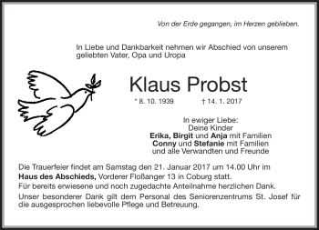 Traueranzeige von Klaus Probst von Neue Presse Coburg