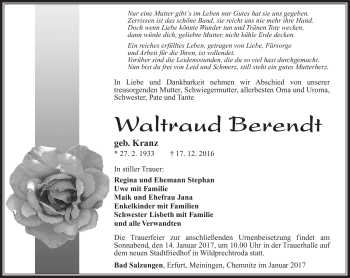 Traueranzeige von Waltraud Berendt von Südthüringer Presse