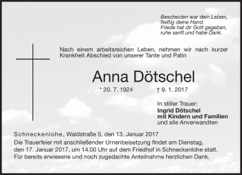 Traueranzeige von Anna Dötschel von Neue Presse Coburg