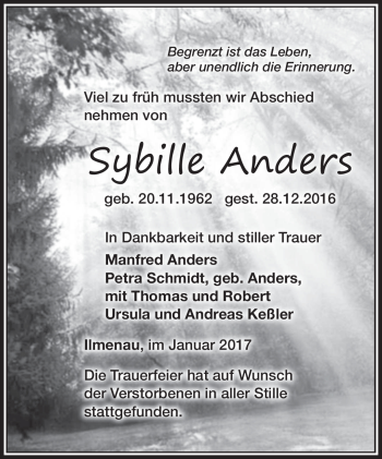 Traueranzeige von Sybille Anders von Südthüringer Presse