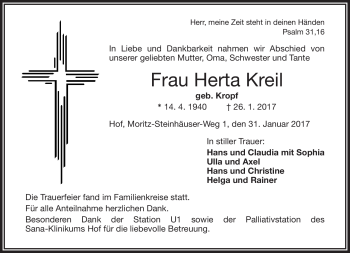 Traueranzeige von Herta Kreil von Frankenpost