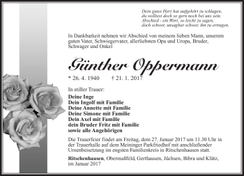 Traueranzeige von Günther Oppermann von Südthüringer Presse