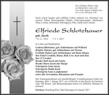 Traueranzeige von Elfriede Schlotzhauer von Südthüringer Presse