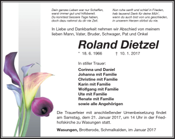 Traueranzeige von Roland Dietzel von Südthüringer Presse