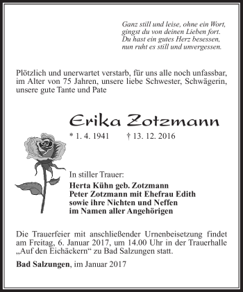 Traueranzeige von Erika Zotzmann von Südthüringer Presse