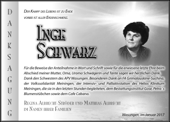Traueranzeige von Inge Schwarz von Südthüringer Presse