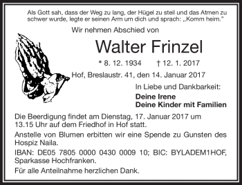 Traueranzeige von Walter Frinzel von Frankenpost