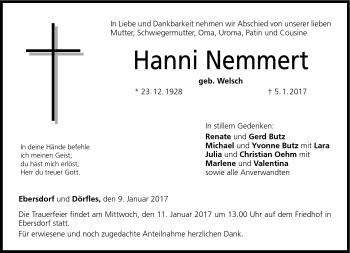 Traueranzeige von Hanni Nemmert von Neue Presse Coburg