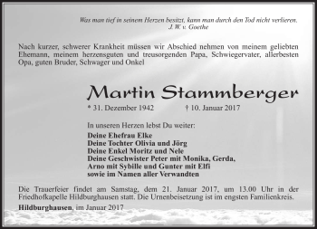 Traueranzeige von Martin Stammberger von Südthüringer Presse