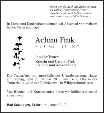 Traueranzeige von Fink Achim von Südthüringer Presse
