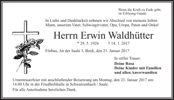 Traueranzeige von Erwin Waldhütter von Frankenpost